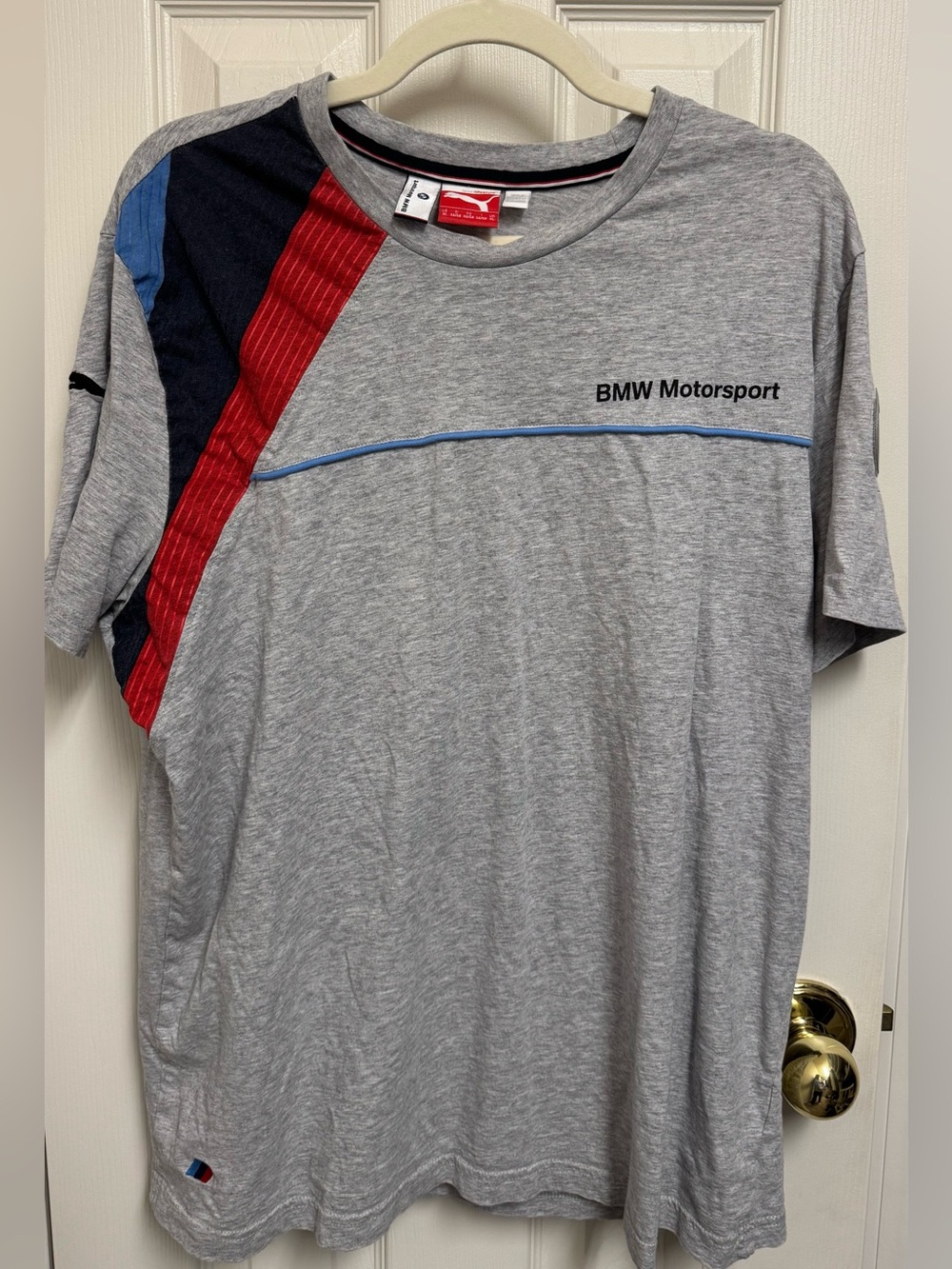 Puma BMW Motorsport Gray Short Sleeve Tee with Blue & Red Panels